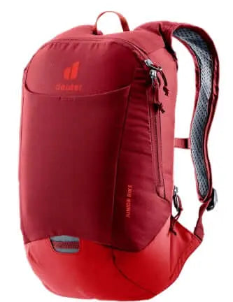 Deuter Junior Bike Rucksack in red, ideal for outdoor activities, compact and waterproof for kids' cycling adventures.